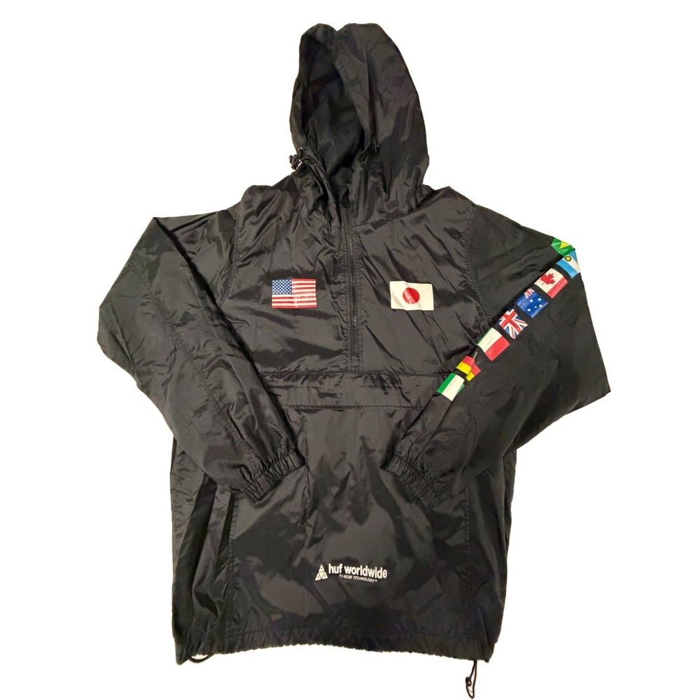 HUF Worldwide Flags Anorak Jacket Black T1-KCUF Nylon Windbreaker Streetwear M